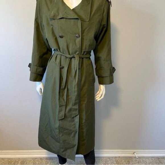 Vintage double breasted Army Green cotton blend long trench coat for spring. - Picture 2 of 12